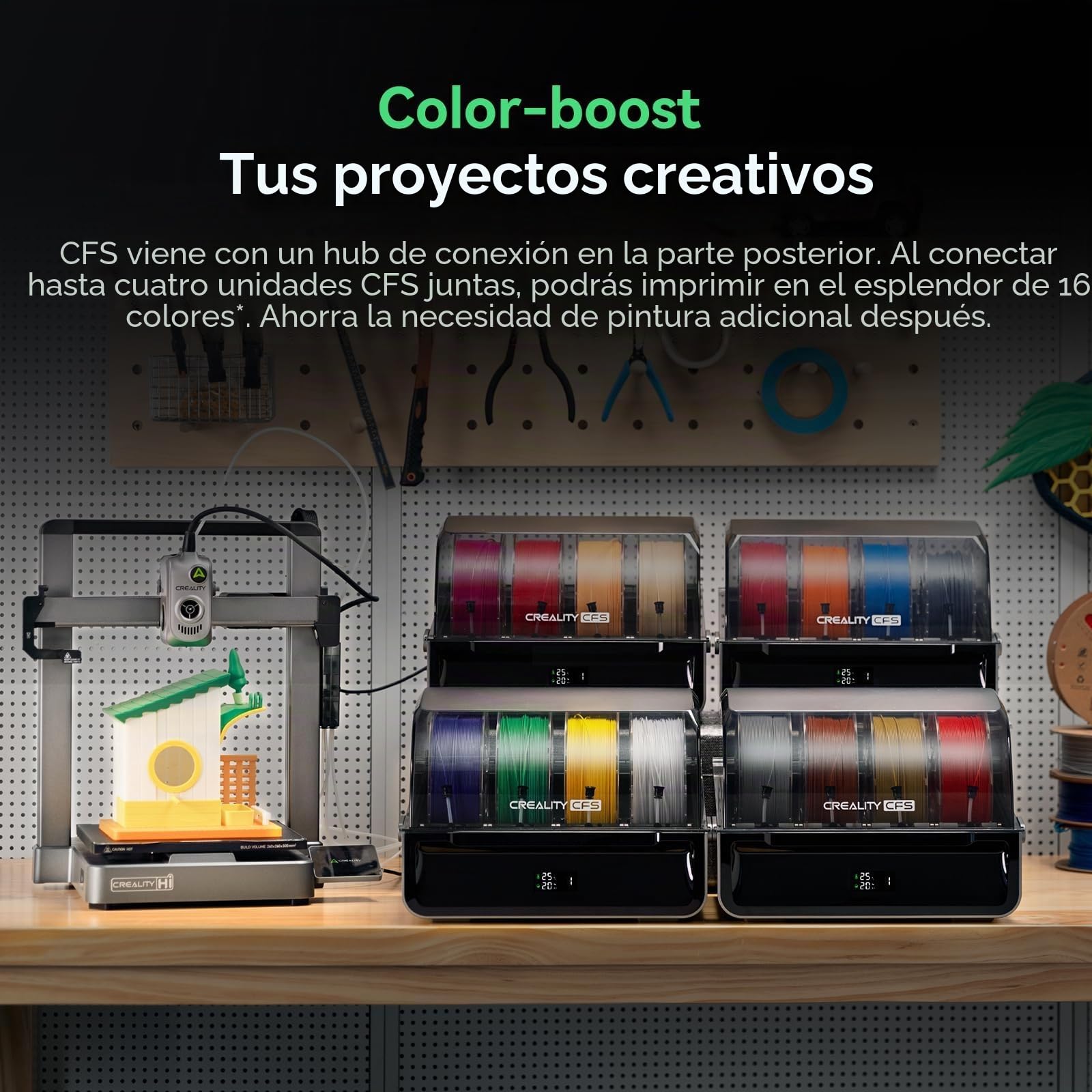Creality Impresora 3D Hi Combo, con CFS de 16 colores, 500 mm/s de alta velocidad, 260×260×300mm espacio de construcción, nivelación automática, servo FOC, 12.000 mm/s², escáner RFID y detección de