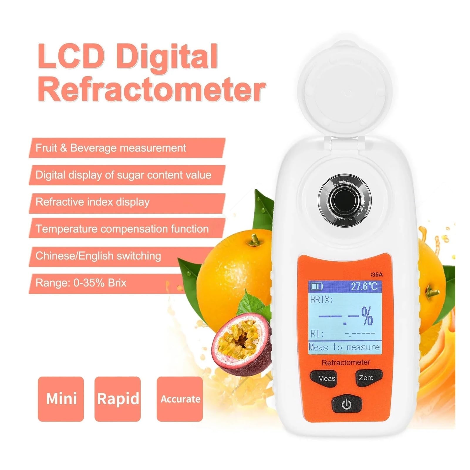 Digitales Refraktometer ATC Zuckerprozenttester, 0–35% Brix-Zuckerkonzentrationsdetektor, Honig-Saccharometer Schnelle Reaktion