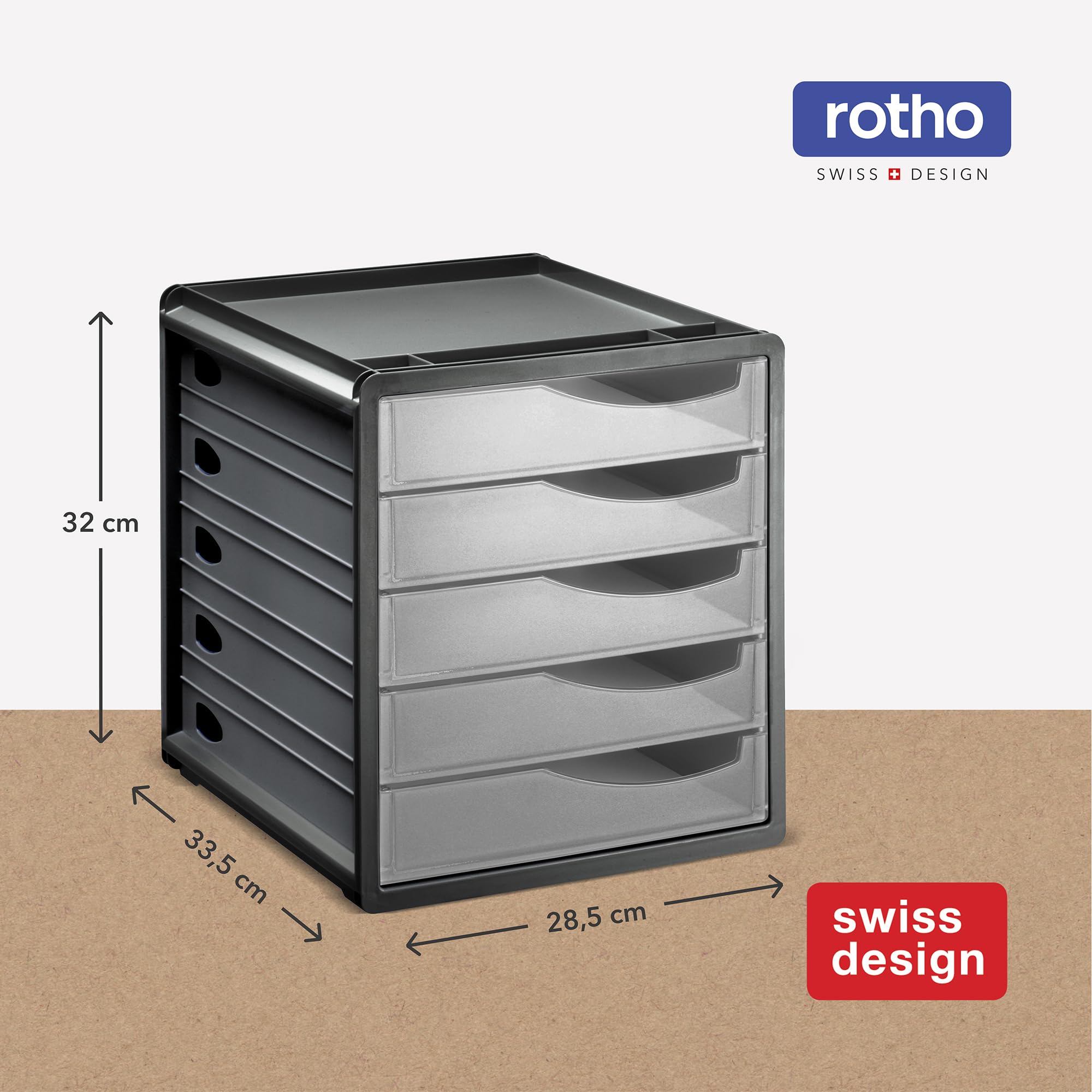 Rotho Spacemaker Boîte à Tiroirs / Boîte de Bureau à 5 Tiroirs, Plastique (Ps) sans BPA, Transparent / Noir, 33,5 X 28,5 X 32,0 cm | Système de rangement avec 5 tiroirs fermés, compartiments pour stylos et butée coulissante, plastique sans BPA robuste