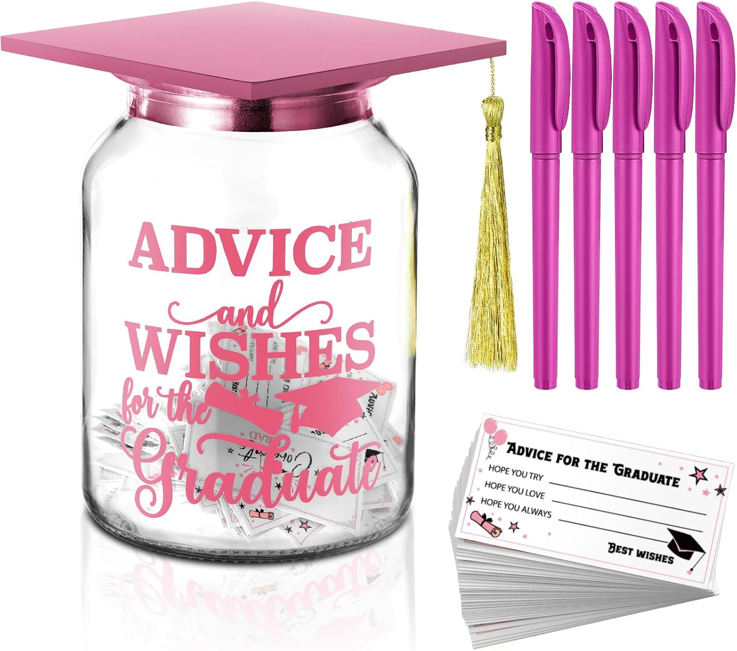 Dingion Class of 2026 Graduation Jar with 200 Advice Cards 8 Gel Pens, Graduation Guest Book Fun Glass Jar with Cap and Tassel Grad Party Supplies for Senior School College Graduates Gift(Pink)