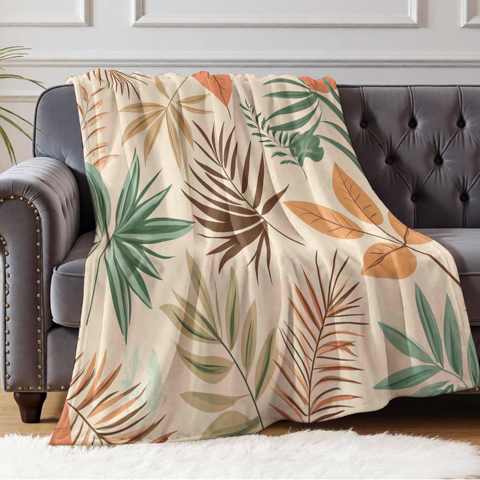 Couverture Flanelle Feuilles de Plantes, Feuilles de Palmier Plaid Polaire Doux pour Lit Chaise Canapé Maison Bureau Voiture 200 x 220 cm