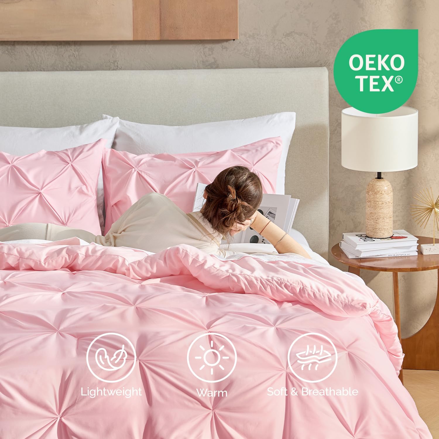 Andency Pink Comforter Set Queen(90x90Inch), 3 Pieces Soft Lightweight Cute Pinch Pleat Comforter Set for Queen Bed, All Season Western Warm Bed Set for Girls Women