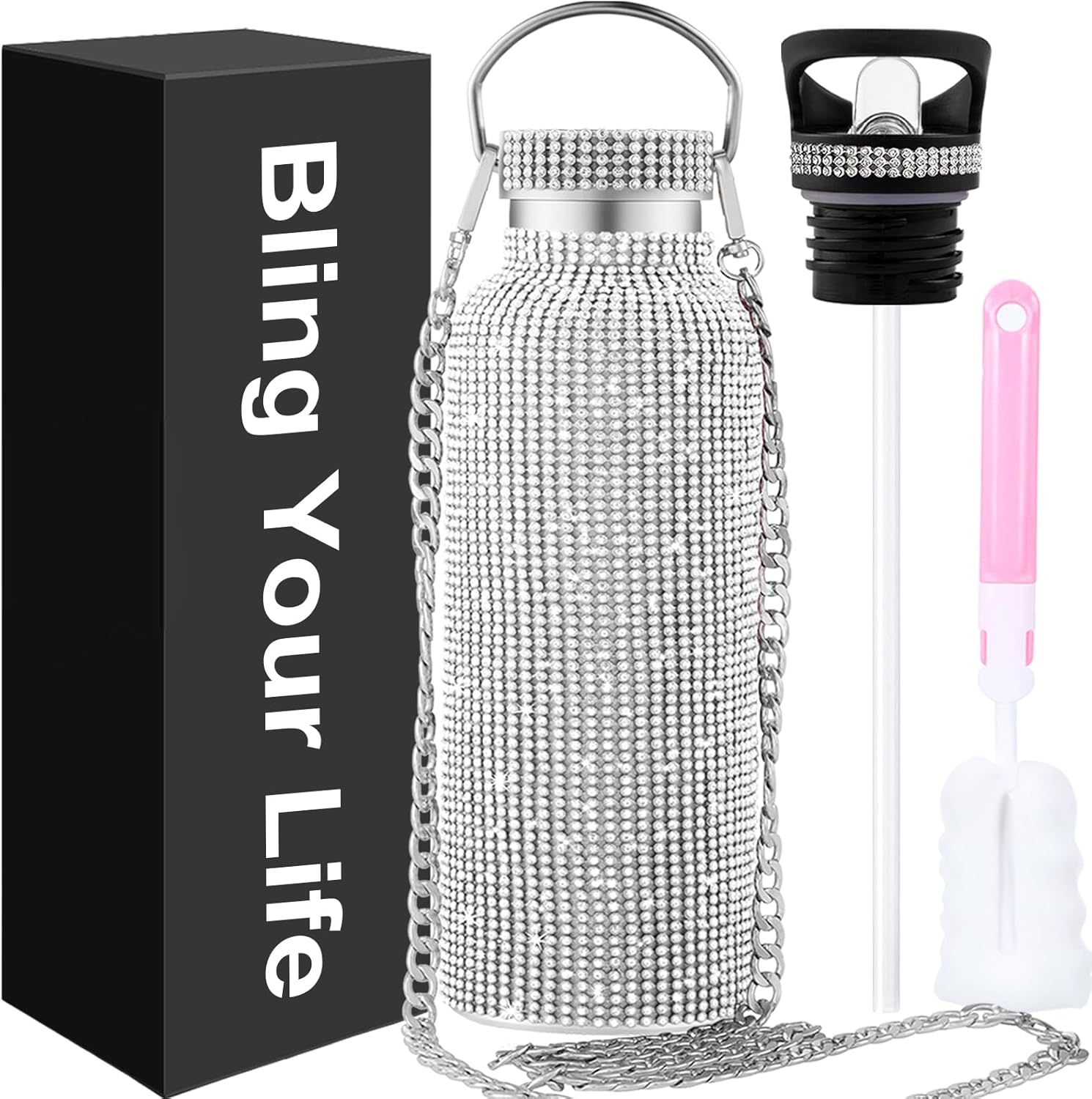 Bling Water Bottle Rhinestone,Diamond Water Bottle,Glitter Rhinestones Stainless Steel Thermal Bottle,Bling Cup for Women Girls,Bling Tumblers with 2 Style lids and 55in Chain (Silver)