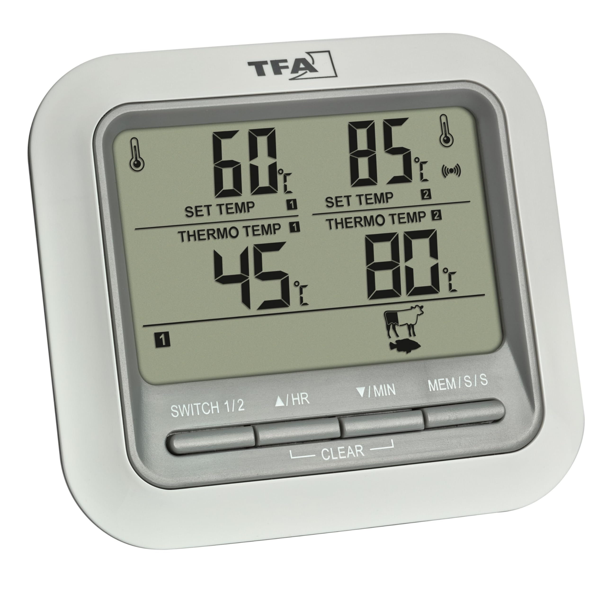 TFA Dostmann Termometro digitale per arrosti, 14.1516, con 2 sonde in acciaio inox, termometro per carne, fino a 300°C, con funzione di allarme, manzo/maiale/pollo/pesce (bianco con batterie)