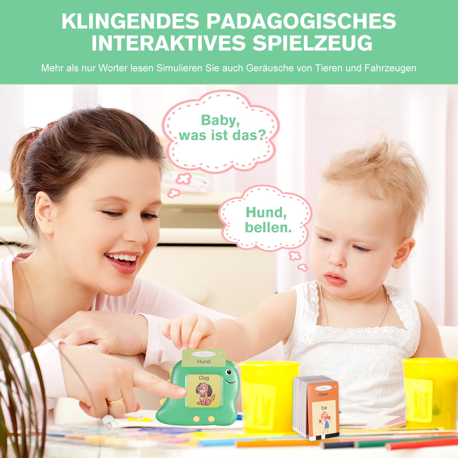 Carte educative parlanti per bambini a partire da 2, 3, 4, 5, 6 anni, giochi educativi parlanti, in tedesco e inglese, amico di vocabolario per autismo, giocattolo educativo per bambini in età