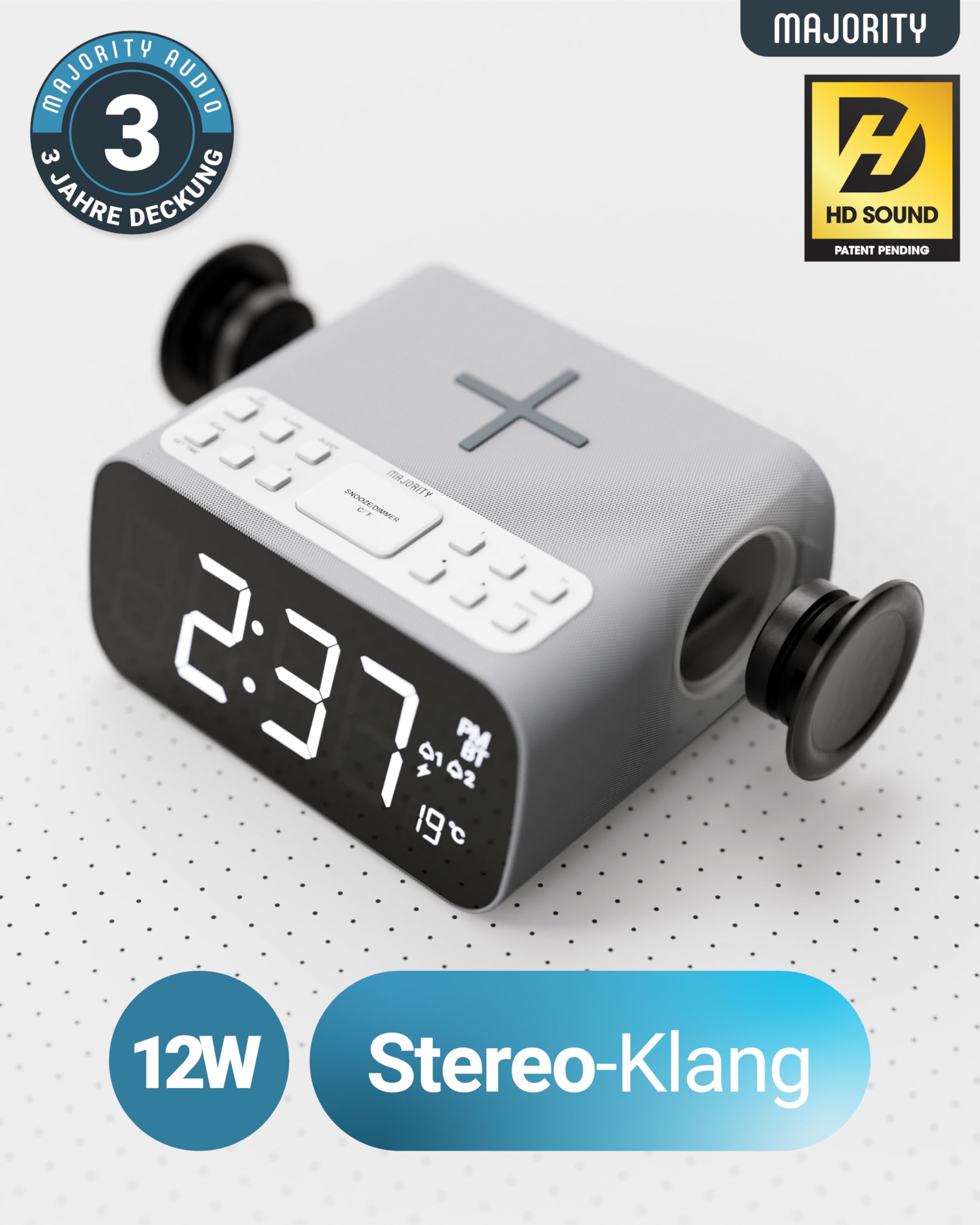 MAJORITY Darwin Wecker mit Ladestation | Radiowecker UKW | 12W Stereo Radio Wecker Musik | Bluetooth Radiowecker Digital | Doppelter Alarm | Eingebautes Thermometer | Radio mit Uhr | Dimmbares Display