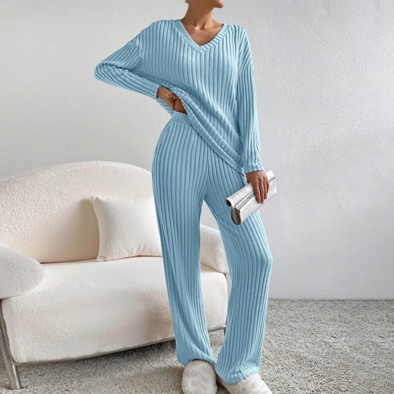Generisch Homewear Lot de 2 combinaisons en tricot pour femme Tailles S à | Loungewear Survêtement pour femme - Texture rayée - Coupe décontractée - Col en V - Avec pantalon évasé - Combinaison de