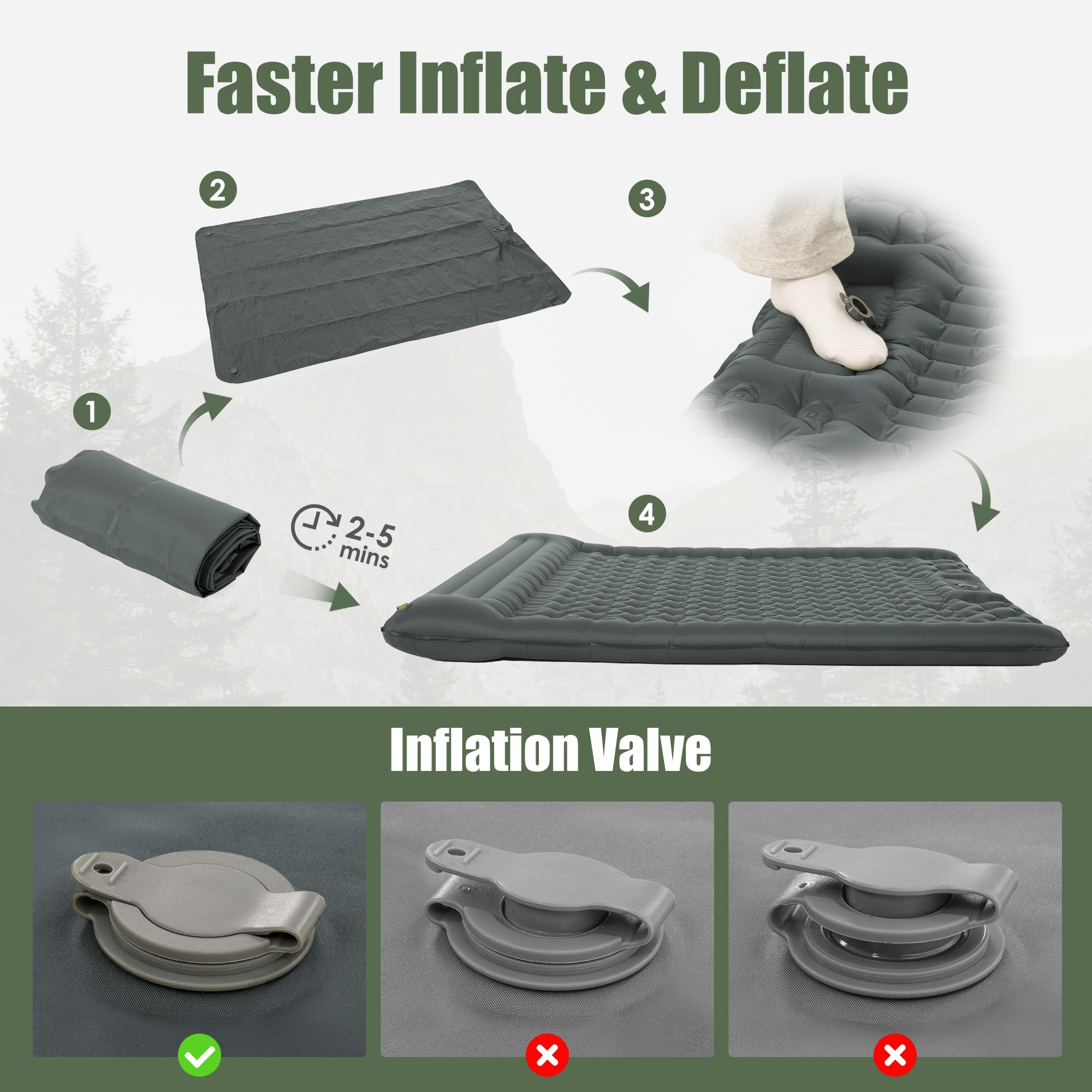 ROPODA Alfombrilla de camping, colchón ultraligero doble con, bomba de pie integrada, cama de camping impermeable doble con bolsa de transporte para senderismo (Gris)