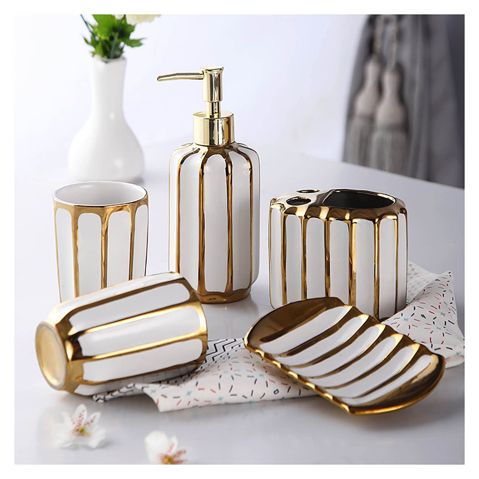 ZHINTE Ceramics Bathroom Storage Vanity Decor Accessory Countertop Organizers Soap Dispenser, Toothbrush Holder, Toothpaste Caddy, Rinsing Cup