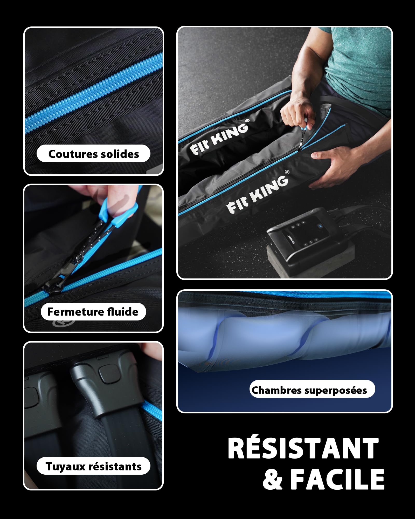FIT KING Système de compression professionnel de compression d'air pour les jambes, bottes de récupération portables rechargeables, dispositif de compression pneumatique, récupération rapide et