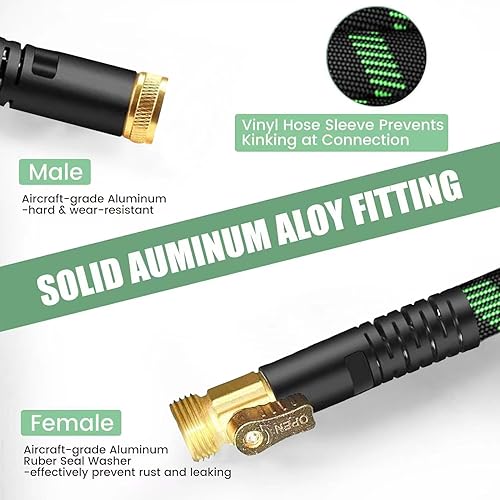 Miniatura 3 de Manguera de jardín no expandible de 100 pies con boquilla de 10 vías, fuertes accesorios de metal de 34 pulgadas y una válvula de cierre.