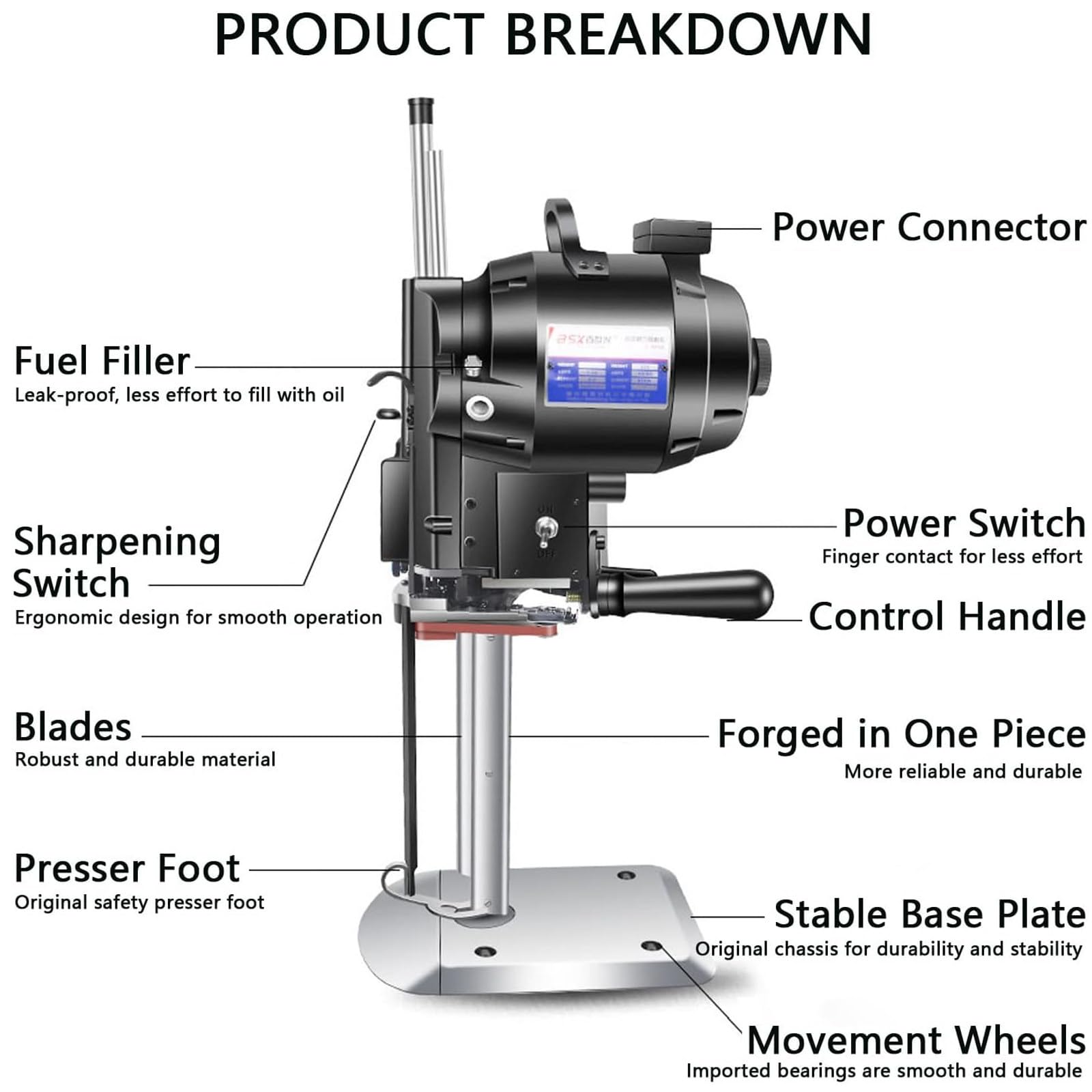 Cortador de Tela Industrial Eléctrico Cortador Eléctrico Máquina cortadora de Tela con Cuchilla Recta de Alta Velocidad con Afilado automático de Cuchillas y luz LED,26cm
