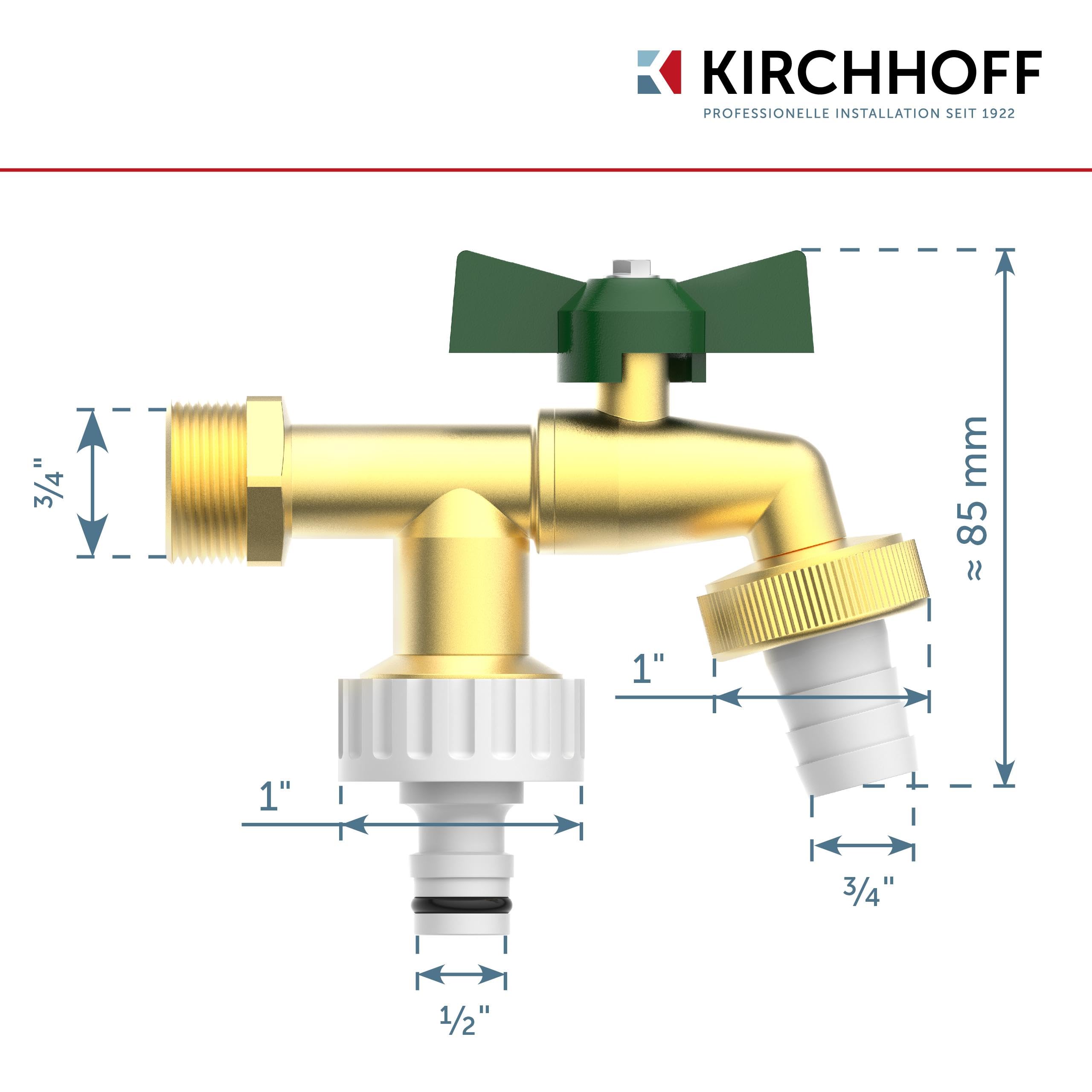 KIRCHHOFF 99720225 podwójny kran 3/4 cala x 1 cala x 1 cala, kran ogrodowy z 2 przyłączami, 2-drożny kran zewnętrzny do węża ogrodowego, kran odpływowy do piwnicy i ogrodu
