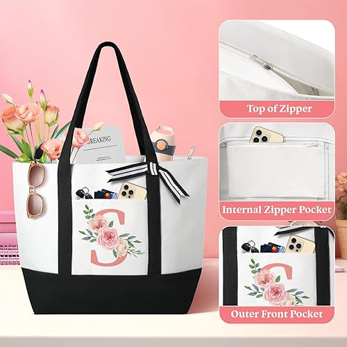 Miniatura 7 de Bolsa de playa grande con inicial floral con bolsa de maquillaje, bolsa de mano Can-vas para mujer, regalos personalizados para amigos de 50