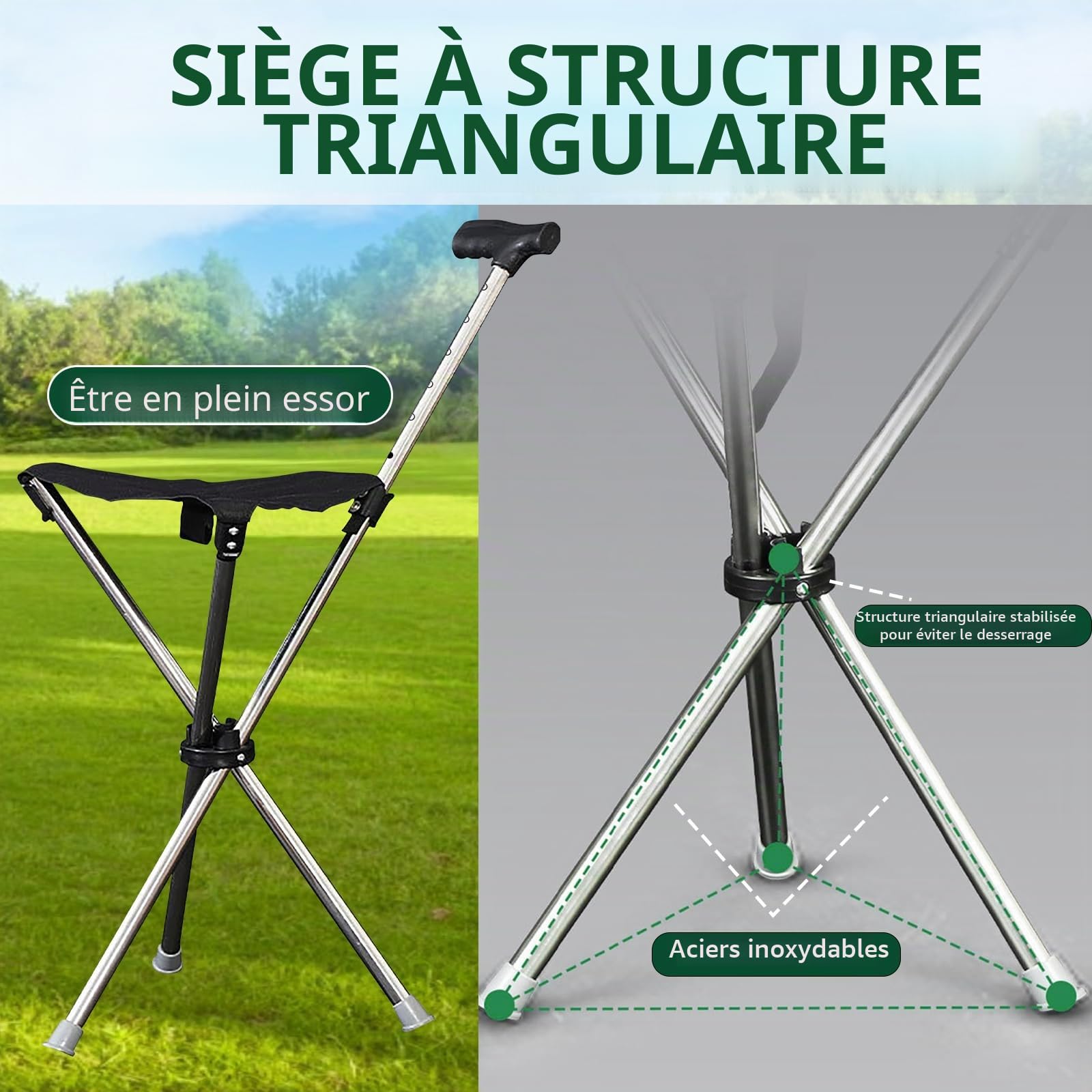 Bâton de marche avec assise pliable 80-90 cm avec assise et base en silicone antidérapant portable, léger avec capacité de charge de 100 kg pour personnes âgées de 140-190 cm