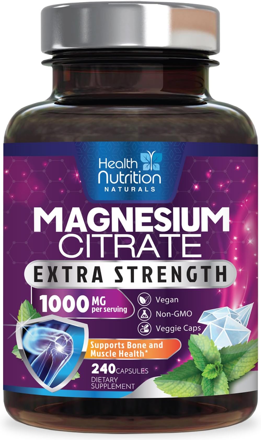 Magnesium Citrate 1000mg Per Serving - Max Absorption Magnesium Powder Capsules for Muscle, Nerve, Bone and Heart Health Support, High Absorption Citrate Complex, Gluten Free, Non-GMO - 240 Capsules