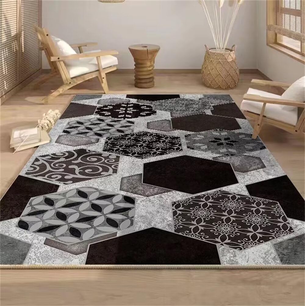 Tapis chambre anti-taches gris 60x110cm lavable à motif géométrique noir pour sol enfant