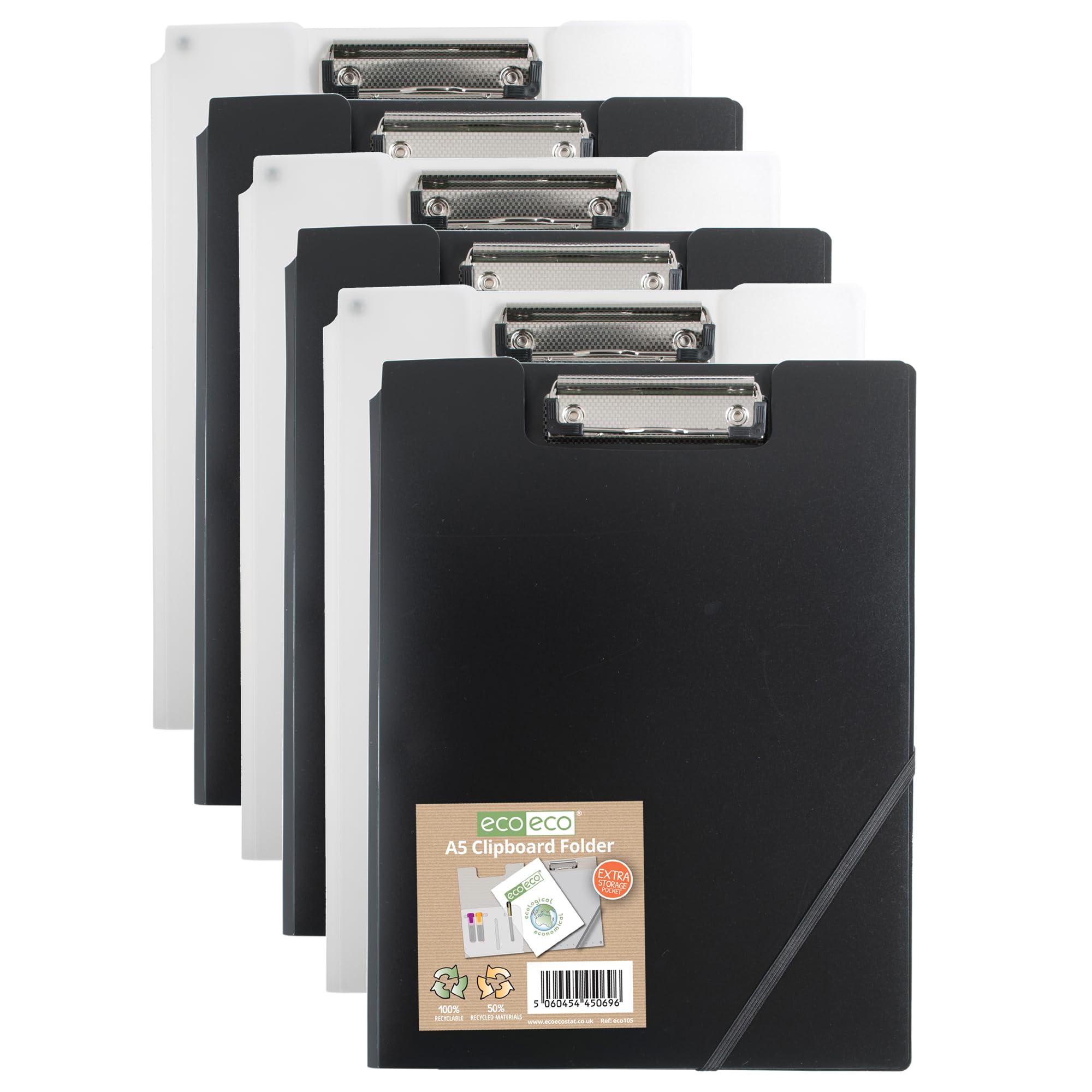 eco-eco A5 50% Recycled Black and Clear Clipboard Folder with Inside and Back Storage Pocket, Pen Holder, 3 Black, 3 Clear (Pack of 6),eco105x6