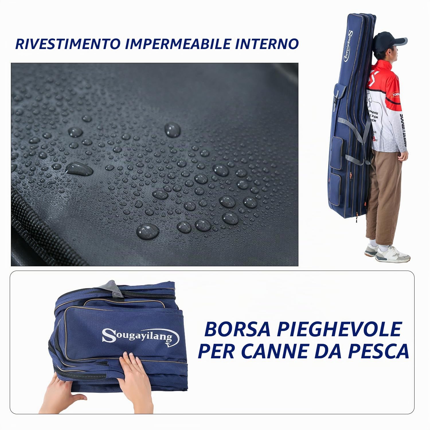 Sougayilang Borsa Porta Canne da Pesca Pieghevole - 3 Strati di Grande Capacità per Attrezzatura da Pesca - 135/165cm, 165 cm, Pratico