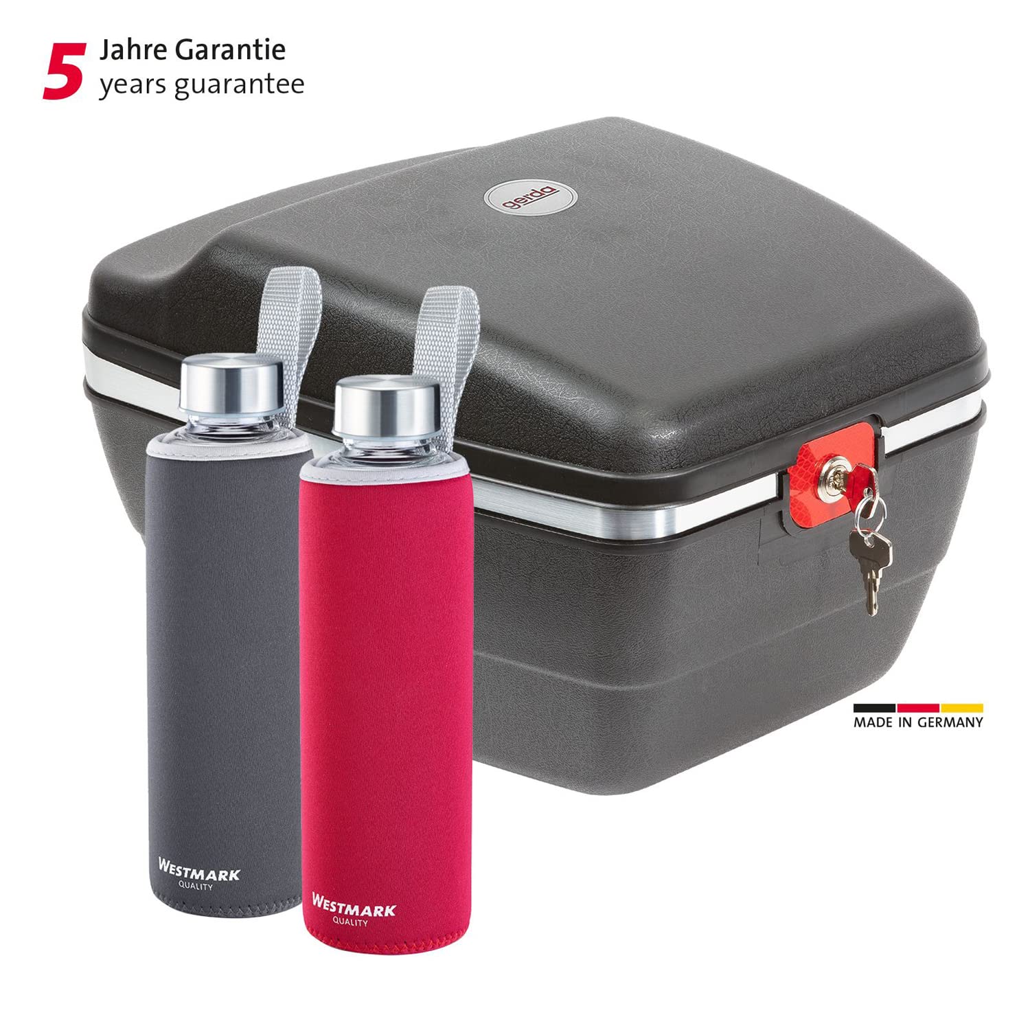 Westmark Set Vélo : 1 Coffre de Vélo pour tous les Porte-bagages + 2 Gourdes de 0,55 litre chacune, Plastique/verre/silicone/caoutchouc, Gerda Touring Tresor, Noir/rouge/anthracite, 5430GEE8