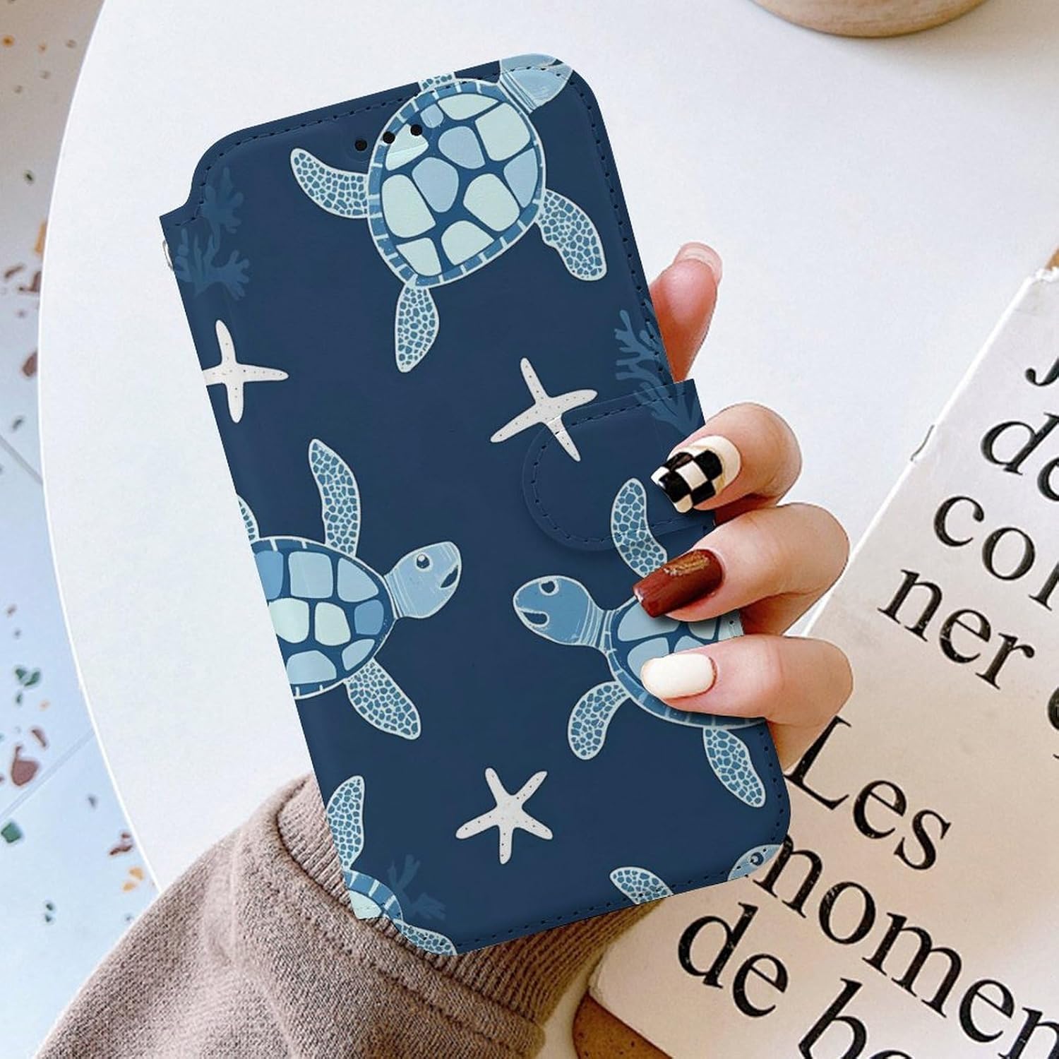 Turtles Coral Starfish Compatible with iPhone 16/16 Plus/16 Pro/16 Pro Max/16 E Case Phone Wallet Card Holder Flip Cover with Wrist Strap