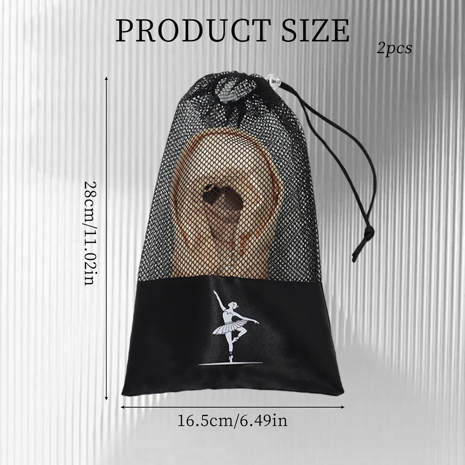2 Pcs Dance Pointe Shoe Bag, 11 x 6.4 Inch Mesh Pointe Storage Bag, Black Breathable Ballet Drawstring Pouch Bags for Ballet Dance and Small Accessories Competition