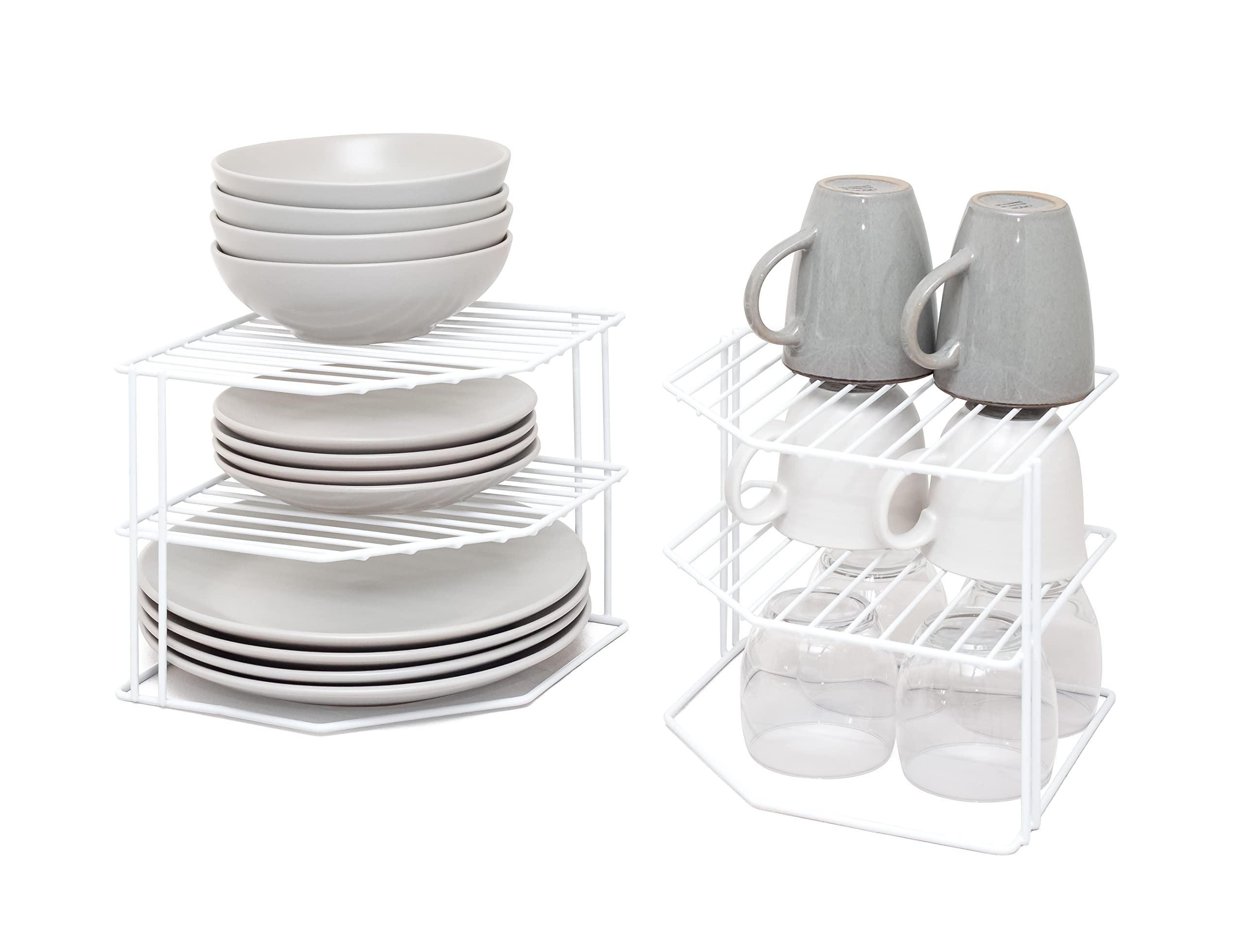 simplywire – Portapiatti a 3 Ripiani – Confezione da 2 Organizer per armadietti da Cucina – Acciaio Rivestito in Plastica Bianca