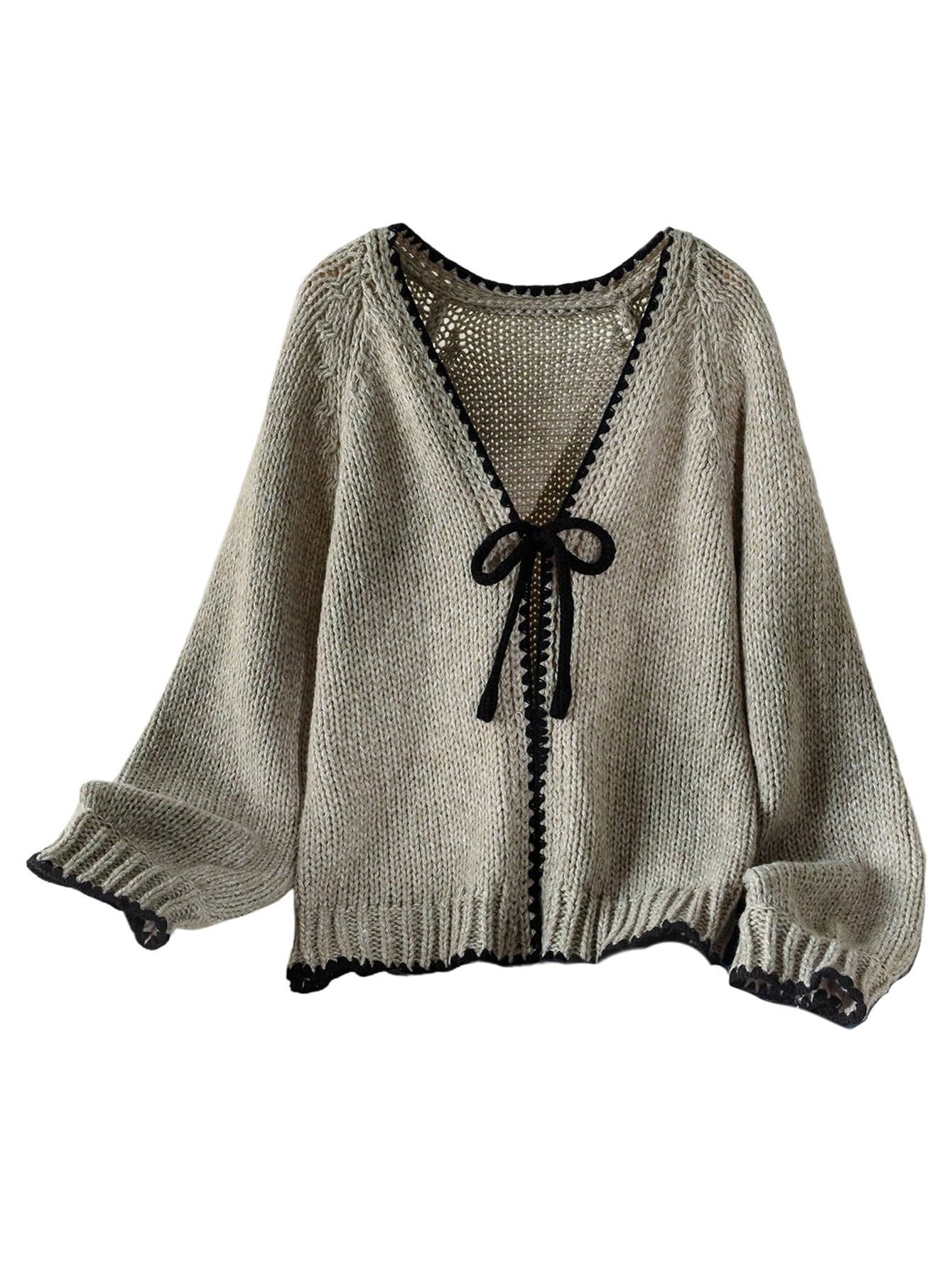 WDIRARA Womens Plus Size Bow Cardigan Sweaters V Neck Long Sleeve Knit Outerwear
