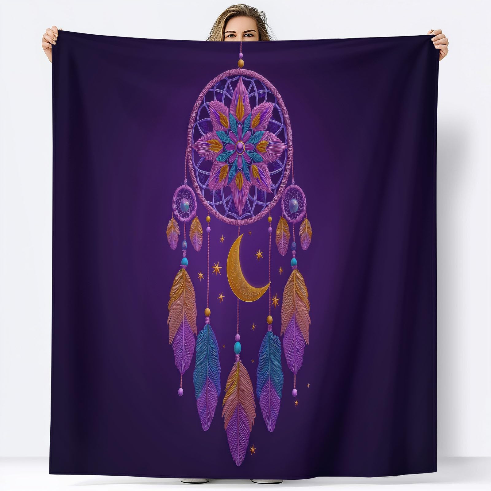Générique Flanelowy koc 180 x 220 cm Fantastyczny łapacz snów Puszysty Księżyc Ciepły koc polarowy z mikrofibry, lekkie fioletowe koce na cały sezon do podróży, łóżka, sofy