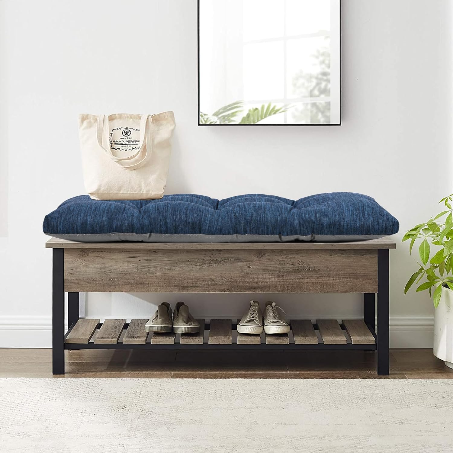 baibu 36 Inch Classic Solid Color Bench Cushion with Ties, Super Soft Indoor Outdoor Rectangle Bench Seat Cushion Standard Size Foam Pad with Non-Slip Bottom - One Pad Only (Dark Blue, 36x15x3in)