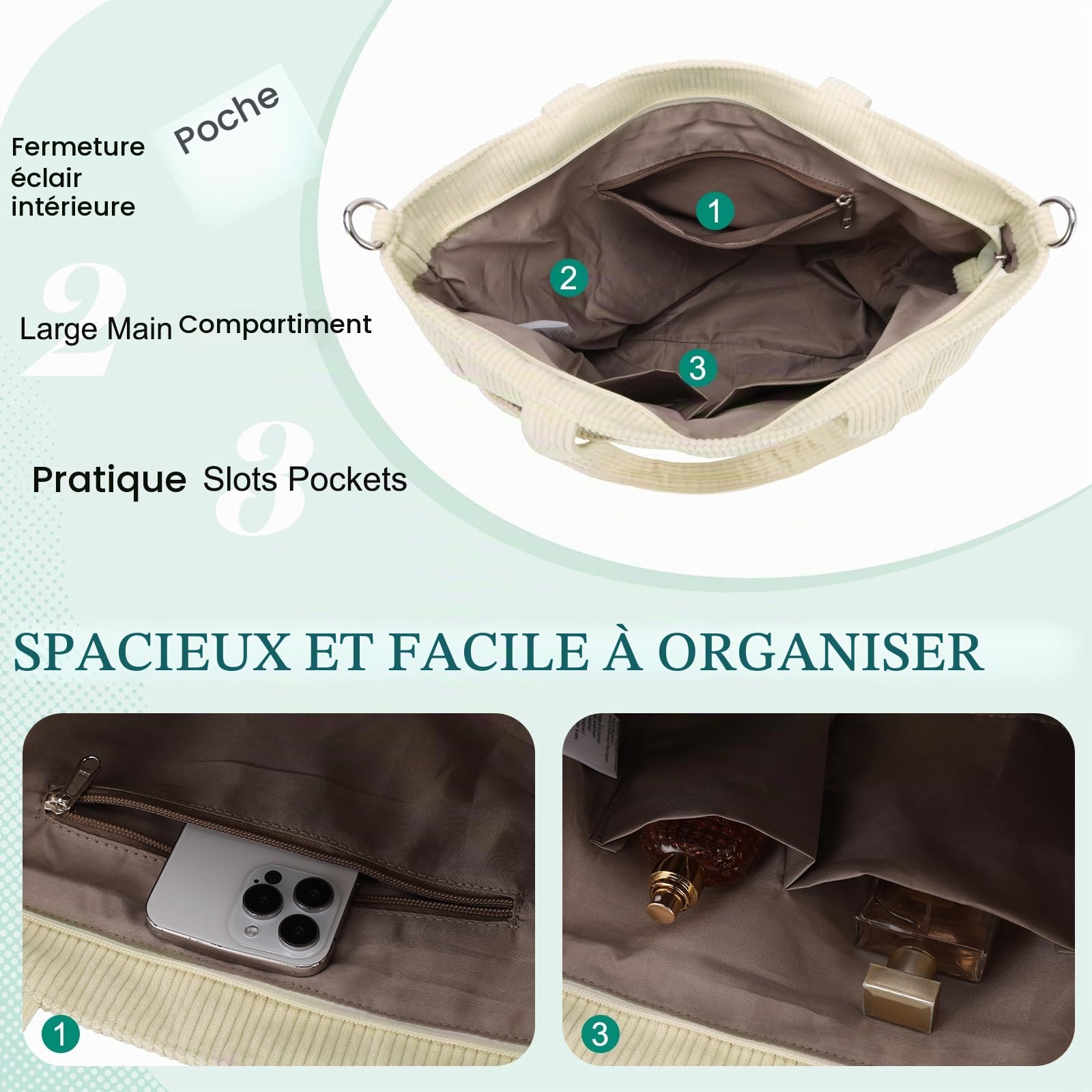 VX VONXURY Sac Cabas Femme Velours Côtelé Sac a Main Femme avec Multi-Poches Sac Bandoulière avec Sangle Réglable pour Travail Voyage Université