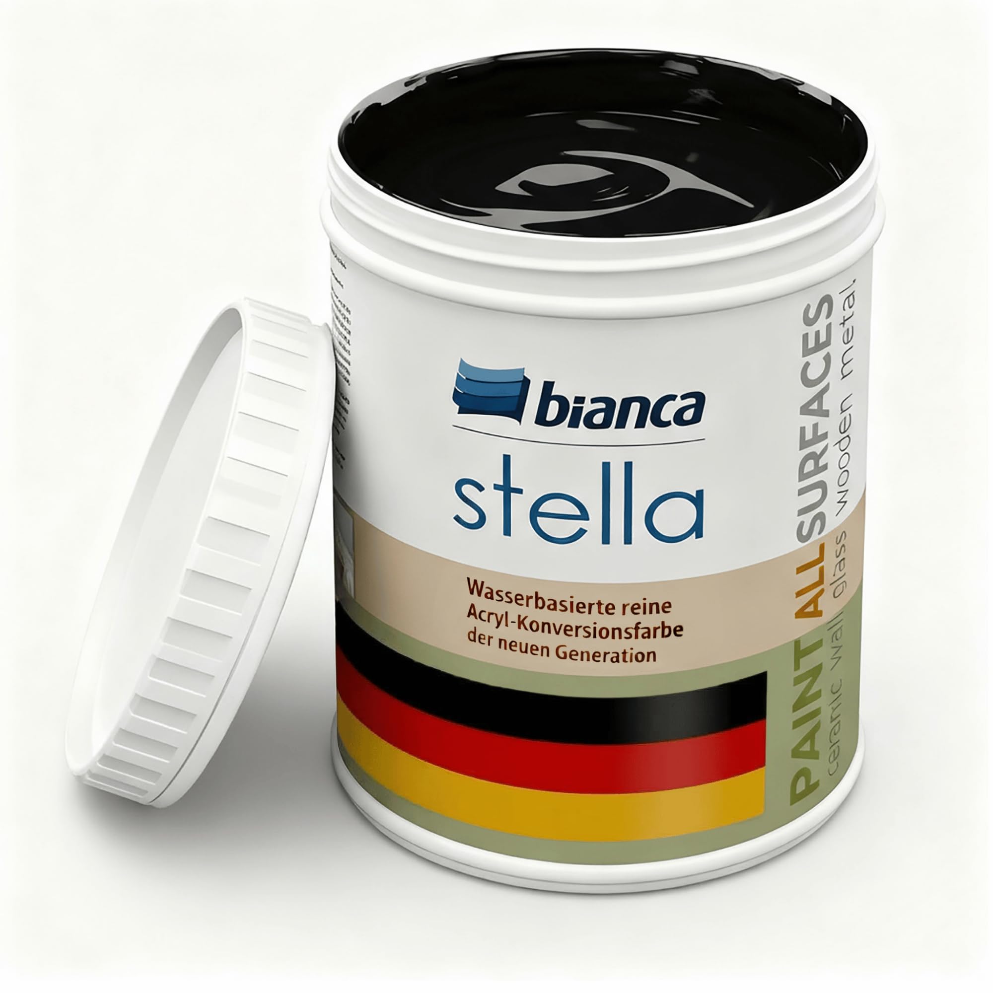 Bianca Stella Premium Farba do mebli bez szlifowania do kuchni i łazienki, Czarny, Połysk, 1000ml, wodna, akrylowa farba do wszystkich powierzchni, farba do drewna, farba do płytek & metalu