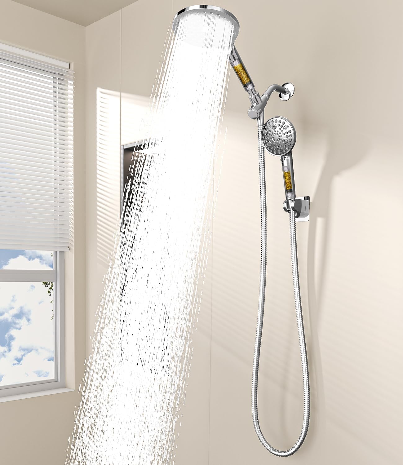 MakeFit Dual Filtered Shower Heads Combo, High Pressure Rain Shower Head with Handheld Spray Built-in Power Wash, Dual Handheld Shower Head for Hard Water, Remove Chlorine for Healthier Skin- Chrome Premium Chrome