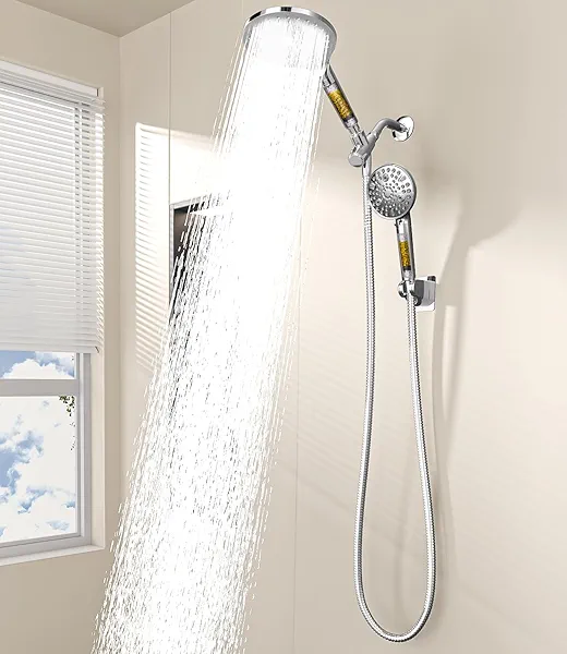 MakeFit Dual Filtered Shower Heads Combo, High Pressure Rain Shower Head with Handheld Spray Built-in Power Wash, Dual Handheld Shower Head for Hard Water, Remove Chlorine for Healthier Skin- Chrome