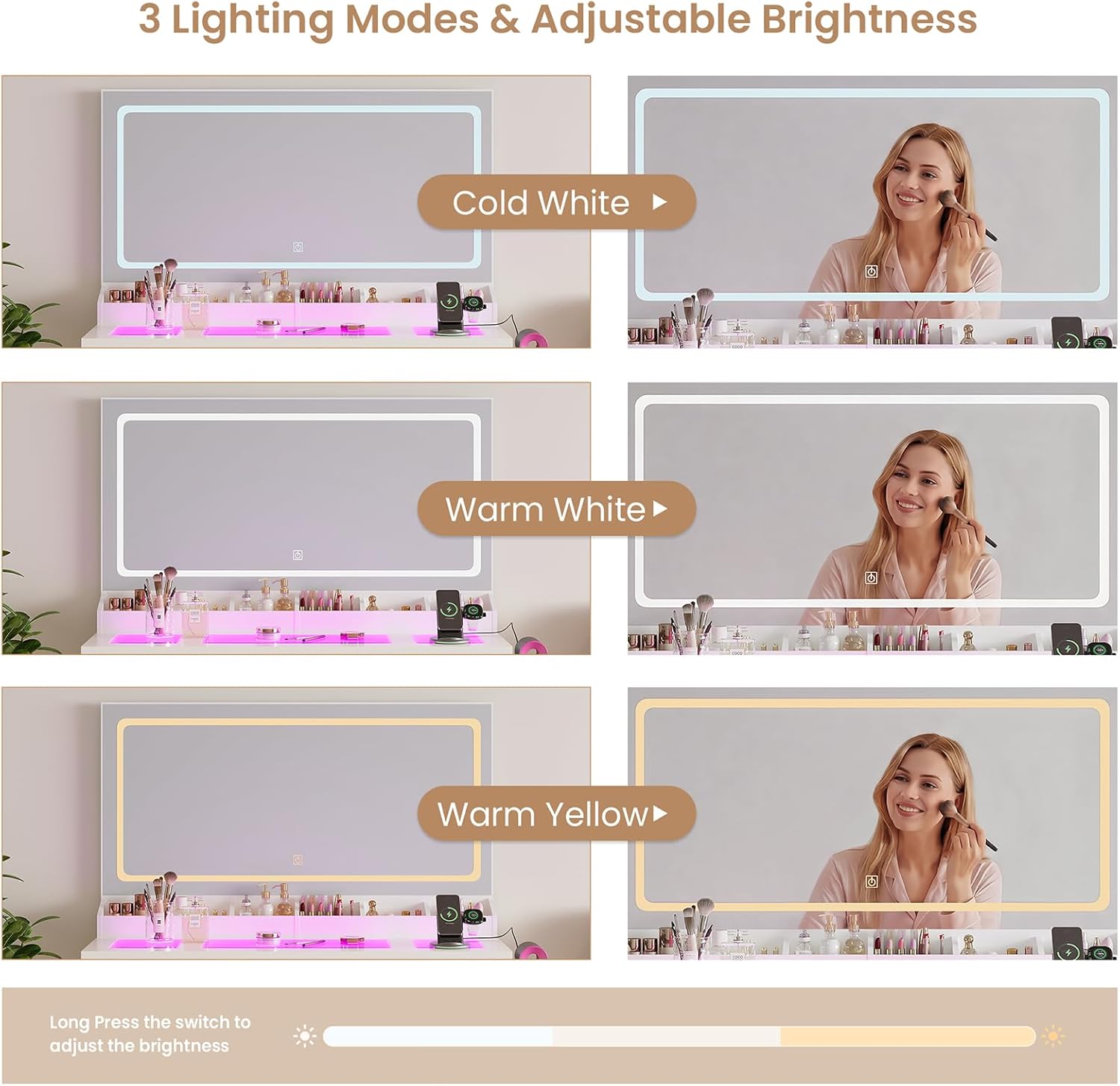 White Vanity Desk with Mirror and Lights,Glass Top Vanity Table with Power Outlet,Dressing Table with 11 RGB Drawers,3 Led Light Modes,Makeup Vanity Desk for Bedroom Women Girls