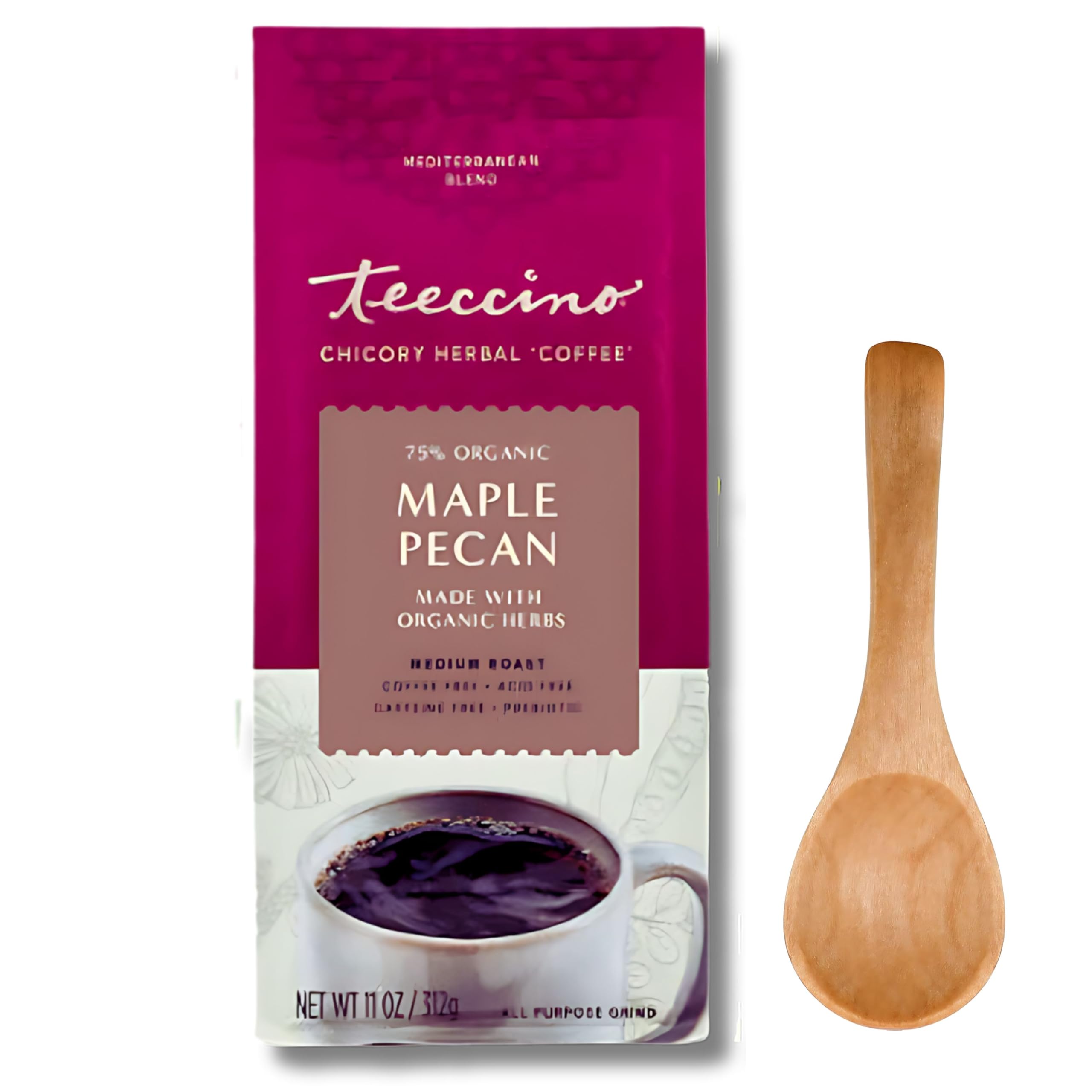 Teeccino Maple Pecan Chicory Herbal Coffee Alternative Bundle | Caffeine-Free, Prebiotic, Herbal Coffee Substitute, Chicory Root Coffee I Includes Prosperina Coffee Spoon & Prosperina Card-312 G