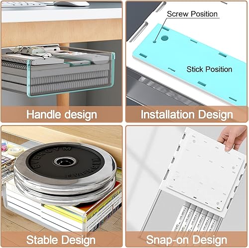 Miniatura 5 de Organizador de almacenamiento de cajones para mesa debajo del escritorio, paquete de 2 cajones de escritorio grandes y medianos, organizador de