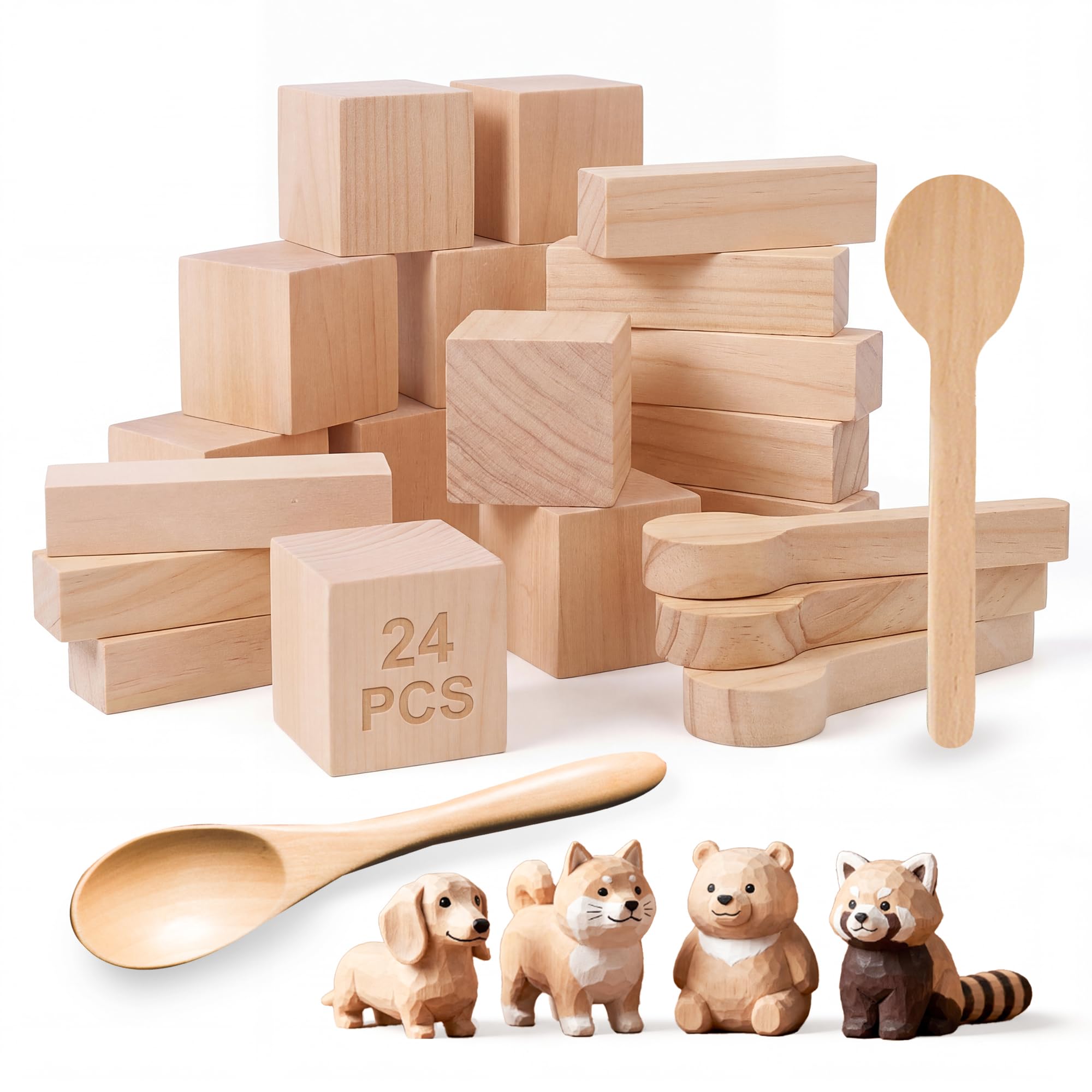 24-PCS Wooden Carving Block Set, Carving, Including Three Sizes of Carving Wood Blocks, Unfinished Wooden Blocks, Suitable for DIY Creators and Adult Beginners in Woodworking Crafts