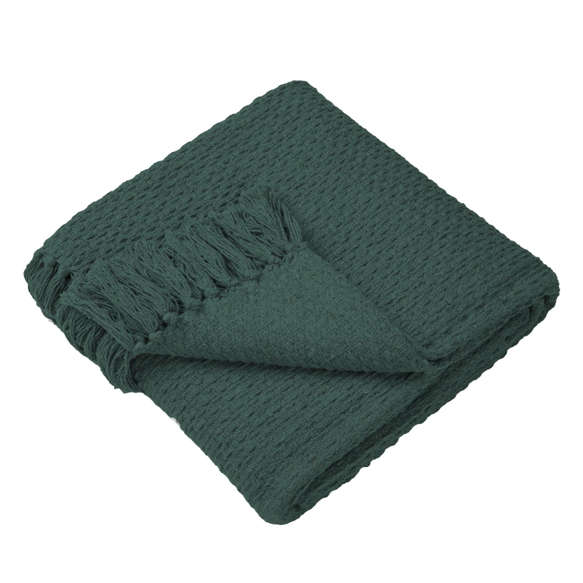 Drift Home - Green Throw with Tassel - Sustainable Recycled Cotton - Woven Basket Weave Textured Sofa Throw - Extra Large 200 x 200cm