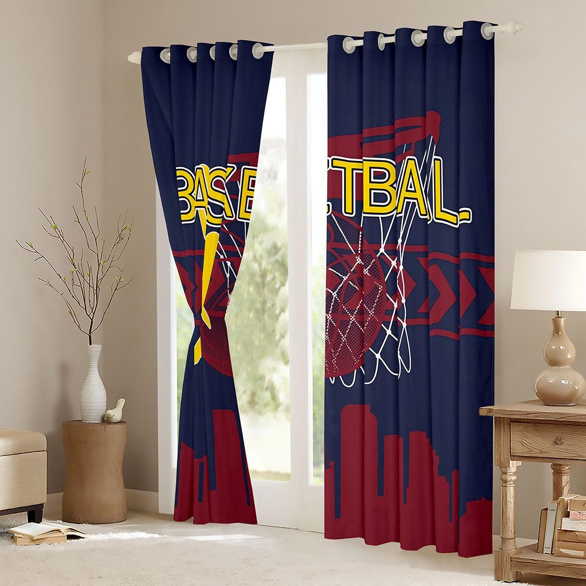 Manfei Juego de 2 cortinas de baloncesto para ventana, diseño de silueta de ciudad americana, cortinas deportivas de moda para niños, adultos, niños, adolescentes, dormitorio juvenil, 66 pulgadas de