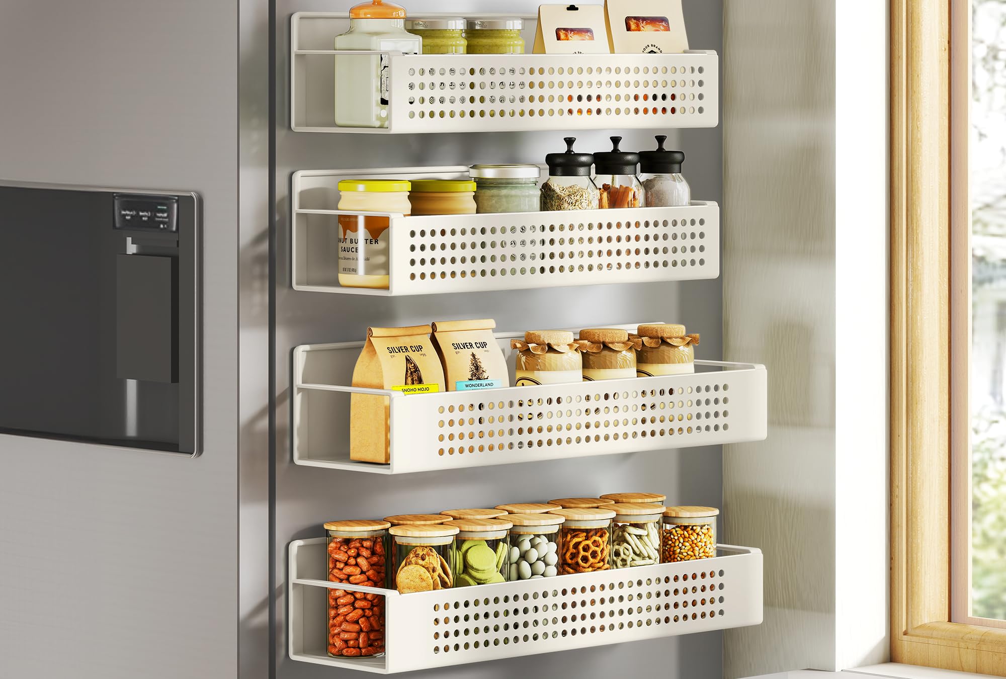 SONGMICS Gewürzregal magnetisch, 4er Set, 2 große und 2 kleine Regale, Gewürz-Organizer ohne Bohren, Magnetregal, für Küche, Kühlschrank, Mikrowelle, Waschmaschine, cremeweiß KCS061W01