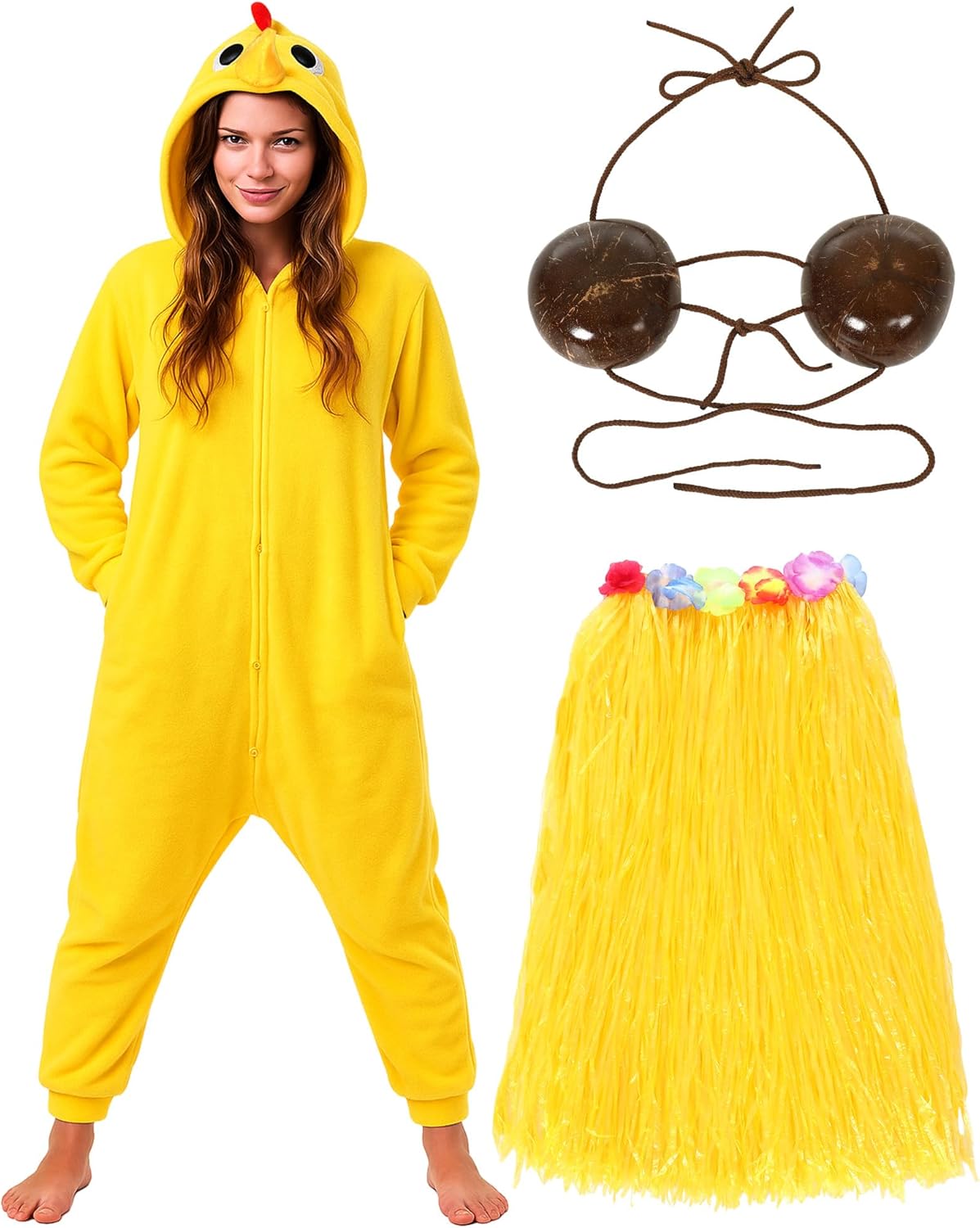 3 Pcs Halloween Chicken Costume Accessories Unisex Flannel Pajamas Coconut Shell Bra and Yellow Grass Skirt