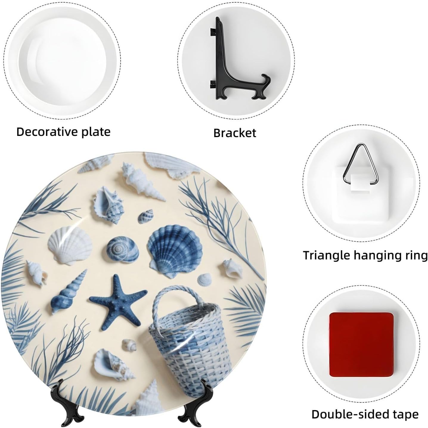 Ceramic Hanging Decorative Plate Vintage Elegant Shell Starfish, Display Stand Included for Kitchen, Dining Room Wall Decoration, 8 in