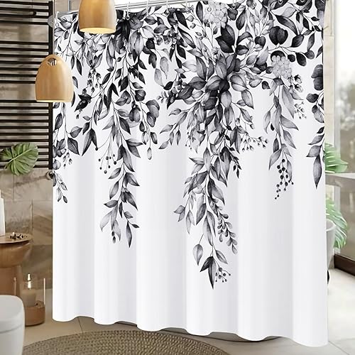 Miniatura 3 de Cortina de ducha gris para baño, juego de cortinas de ducha de eucalipto gris con hojas de acuarela, cortina de ducha de plantas, cortinas de baño