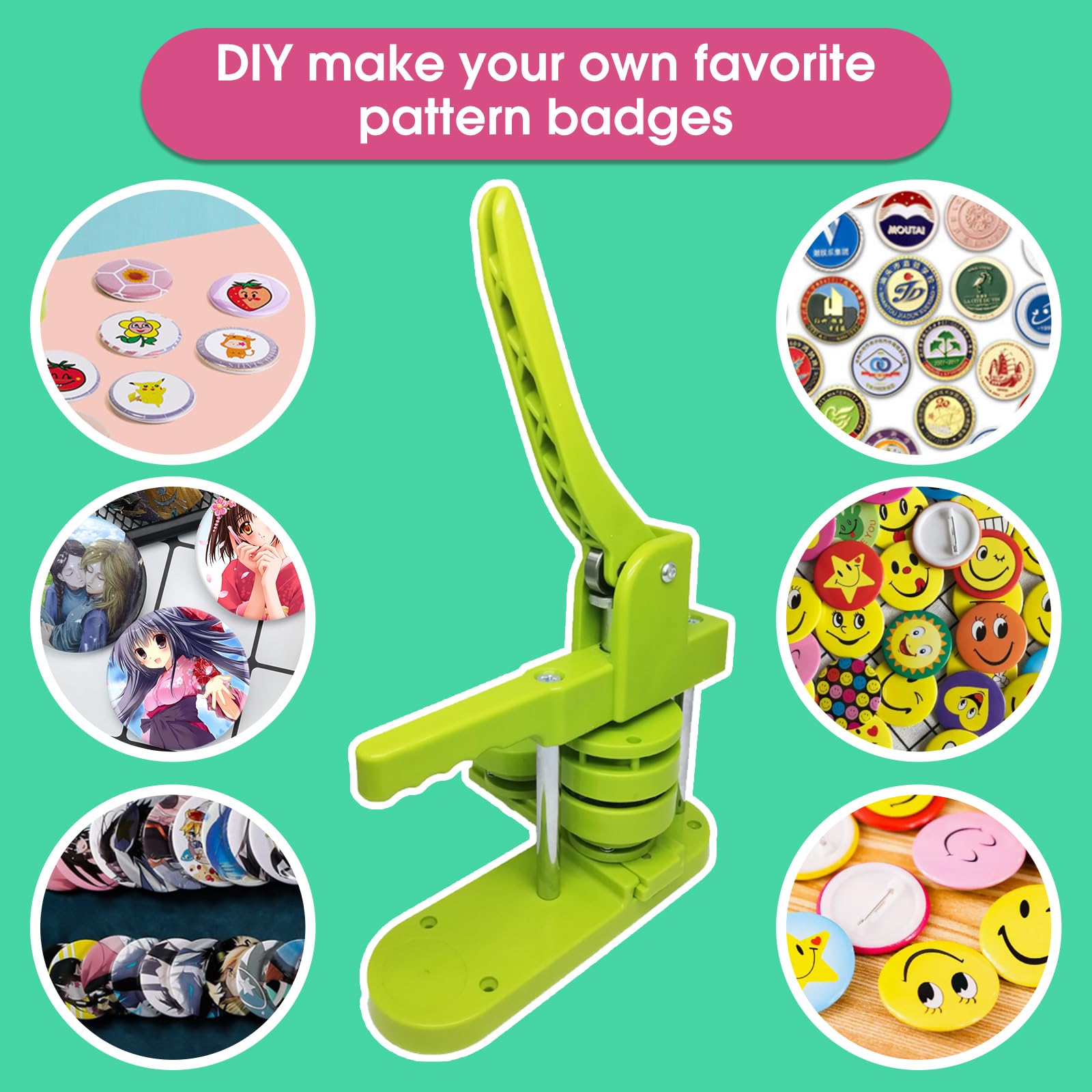 Badge Button Maker Machine (25/32/58mm) 3-in-1 Pin Maker with 300pcs Button Parts, Badge Button Press Machine Punch Press (Grün)