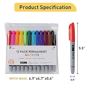 12 Permanent Markers - Assorted Colors Drawing Marker Pens Set, Waterproof Quick Drying Fine Tip Colored Artists Markers for Adults Coloring