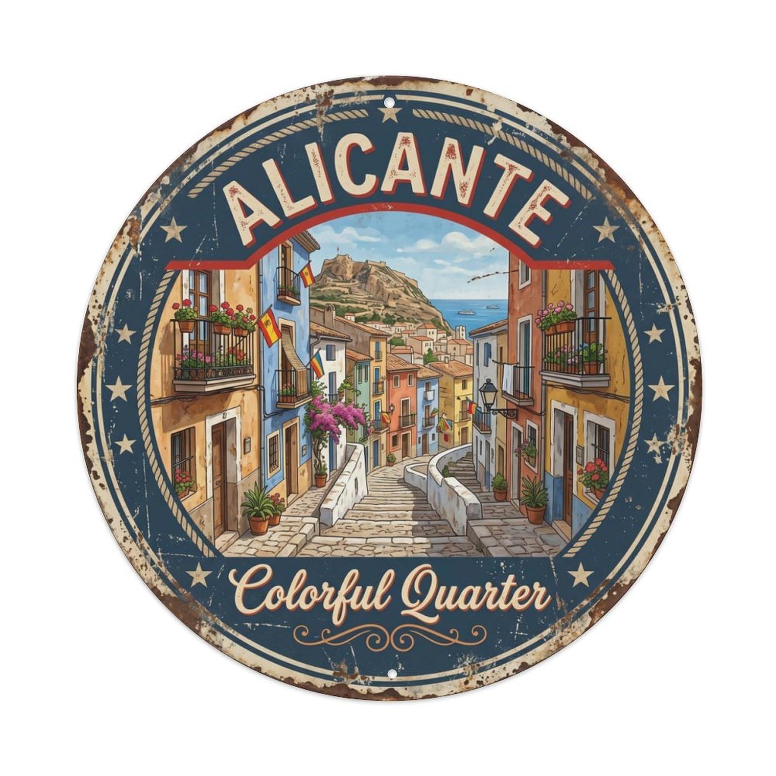 Vintage Travel Alicante Old Quarter Metal Tin Sign Plaque Wall Decor for Cafe, Club Bar, Office, Home Garden Round Metal Poster 8x8Inch