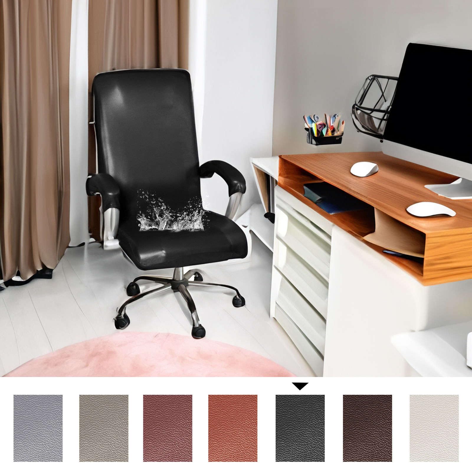 Elástica Funda para Silla De Oficina Impermeable, Universal De Piel Sintética Giratorio Cubiertas De La Silla De La Computadora con Fundas De Reposabrazos Extraíble-Negro-Large