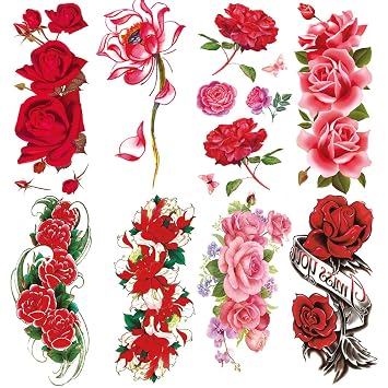 8 Sheets Red Floral Rose Lotus Flower Arm Temporary Tattoos