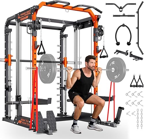 Miniatura 9 de YOLEO Smith Machine & Squat Rack Combo, Multi-Functional Power Racks with Adjustable Width & Pull-Up Bar, Cable Crossover Power Cage, Independent